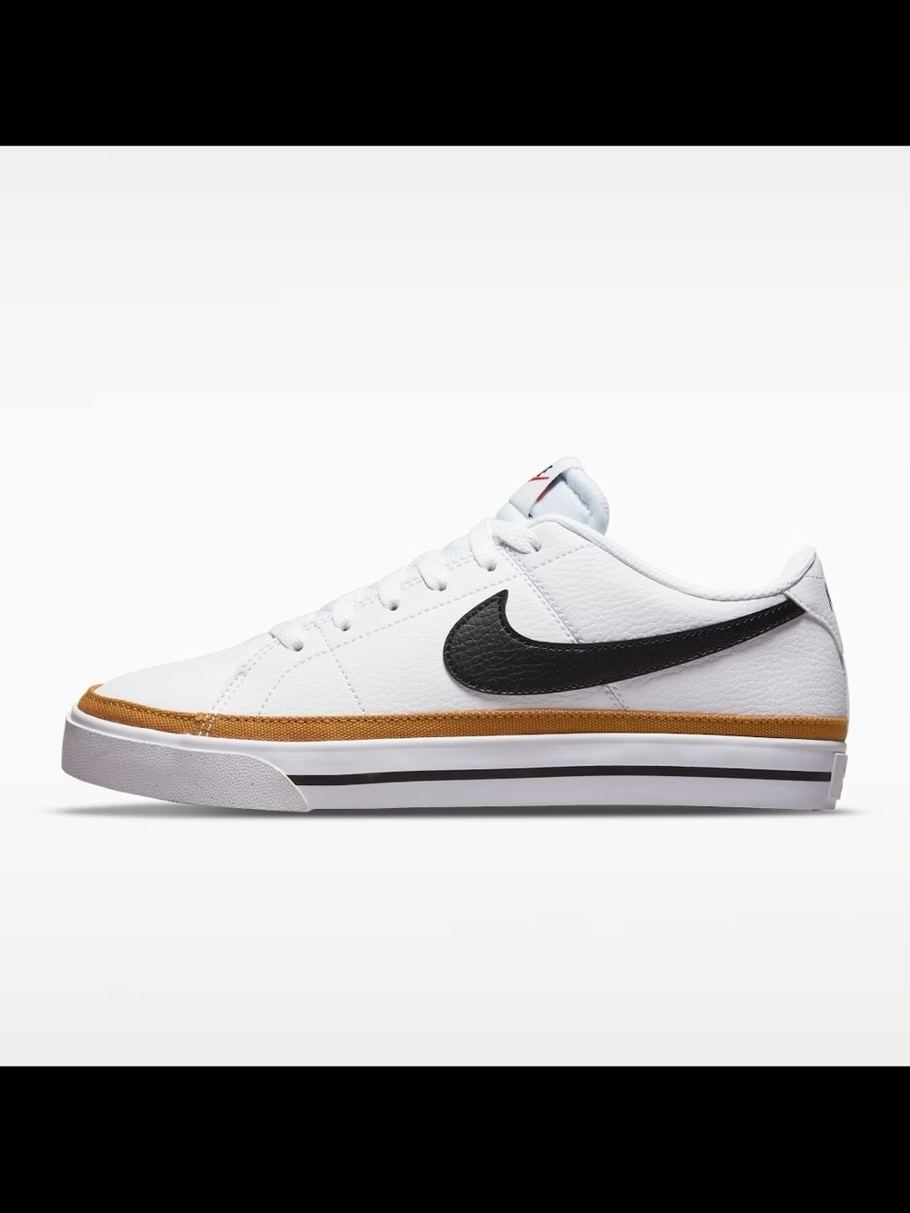 Nike Women’s White Leather Court Sneaker with Black Swoosh and Tan Trim